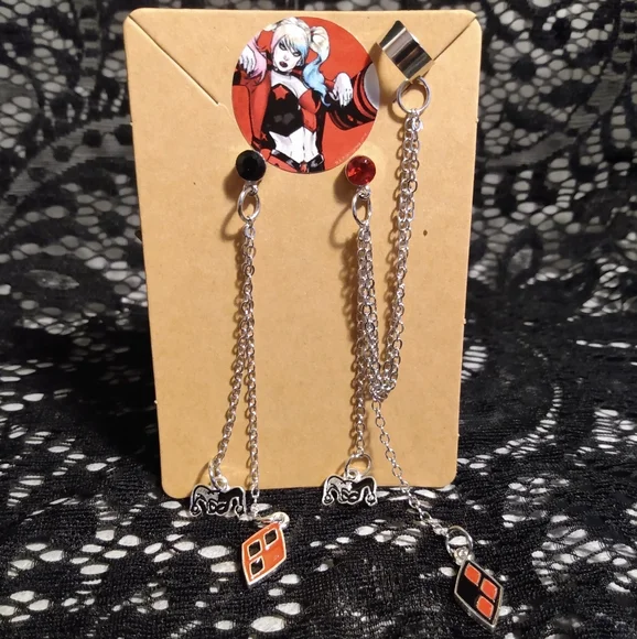 Harley Quinn Geometric Long Chain Rhinestone Earrings With Cuff - Picture 5 of 5